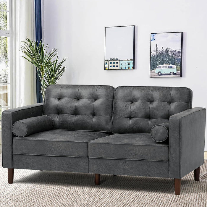 2 Pieces Faux Leather Sofa Set with Bolster Pillows,Tufted 3-Seat Sofa and Loveseat Couch with Wooden Legs, Upholstered Living Room Set for Living Room, Office, Grey