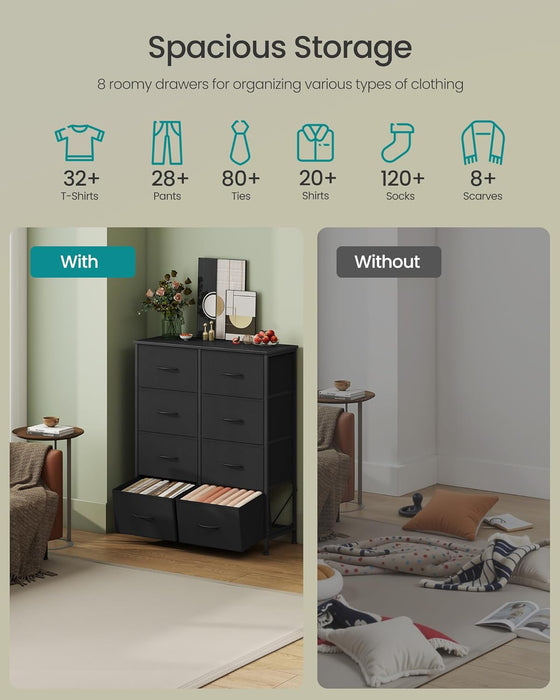 Dresser for Bedroom, Chest of Drawers, Steel, MDF, 8 Non-Woven Fabric Drawers, Storage Organizer Unit, Closet, Entryway, Ink Black and Ebony Black ULGS124B01S
