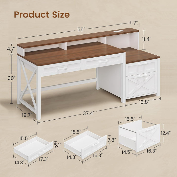 Farmhouse Home Office Desk with File Drawer & Power Outlet, Computer Desk with 4 Drawer, Storage Shelves, Printer Cabinet and Monitor Shelf, Gaming Desk with Led Lights, White Brown