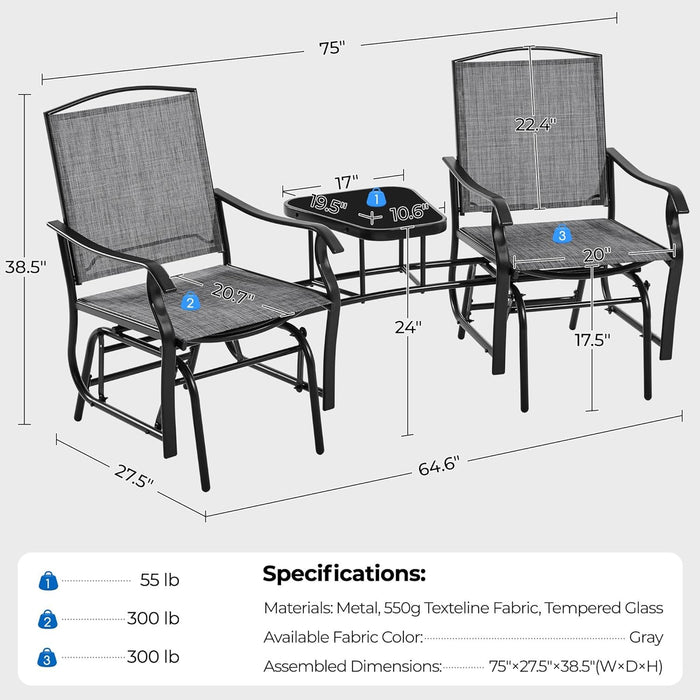 Outdoor Glider Chairs with Glass Table Rocking Chairs, Outdoor Loveseat Patio 2-Seat with Breathable Sling Fabric for Lawn, Garden and Porch, Gray