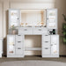 55" Vanity Desk with Mirror & Lights, Fluted Makeup Vanity with 8 Drawers & 4 Cabinets, Tempered Glass Top, RGB Cabinet Lighting, 3-Color Dimmable Mirror, and Charging Station