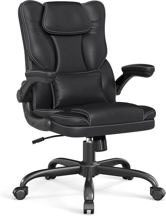 Ergonomic Office Chair Leather Desk Chair with Lumbar Support Flip up Arms