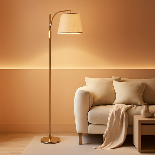 Fully Dimmable Floor Lamp for Living Room，Standing Lamp Rotary Switch with Linen Beige Shade，Golden Tall Lamps for Bedroom with Adjust Head，9W LED Bulb Included