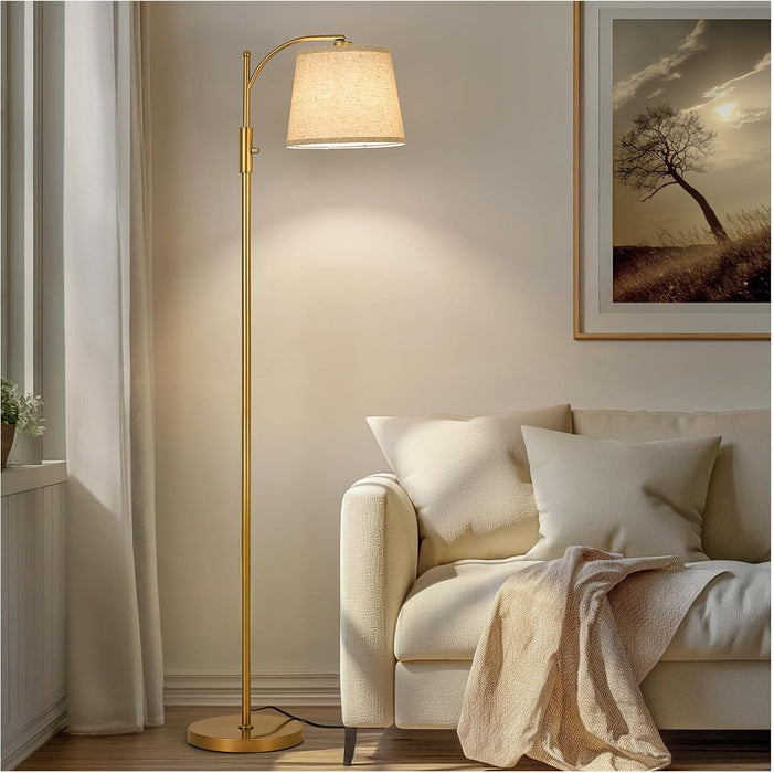 Fully Dimmable Floor Lamp for Living Room，Standing Lamp Rotary Switch with Linen Beige Shade，Golden Tall Lamps for Bedroom with Adjust Head，9W LED Bulb Included