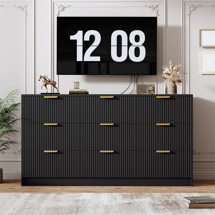 9 Drawers Dresser for Bedroom - 59" Wide Modern Fluted Chest of Drawers with Golden Metal Handles, Large TV Stand Multi-Function Home Organizer for Living Room, Entryway, Hallway, Black