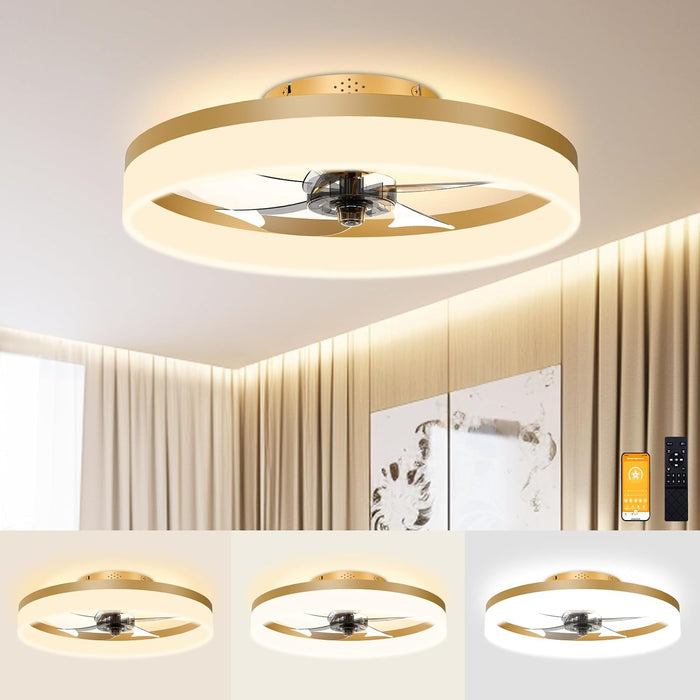 Low Profile Ceiling Fans with Lights and Remote, 19.7In Fandelier Ceiling Fan Flush Mount, 3000K-6500K Smart Bladeless LED Fan Light, Gold Modern Ceiling Fans with Lights for Bedroom