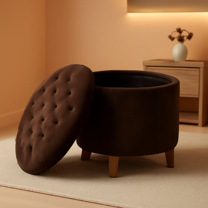 Home Decor | Upholstered round Velvet Tufted Foot Rest Ottoman | Ottoman with Storage for Living Room & Bedroom | Decorative Home Furniture, Brown Velvet