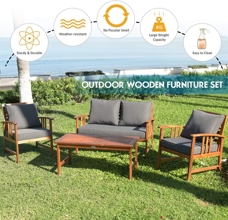4 Pieces Acacia Wood Patio Furniture Set, Outdoor Seating Chat Set with Gray Cushions & Back Pillow, Conversation Set with Coffee Table, Ideal for Garden, Backyard, Poolside