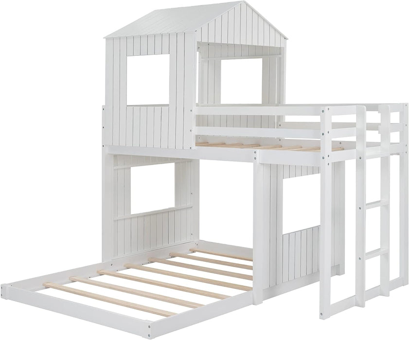 House Bunk Beds, Twin over Full Bunk Bed Wood Playhouse Bunkbed Low Bed Frame for Kids Toddlers Girls/Boys, White