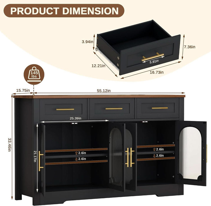 55" Sideboard Buffet Cabinet with Storage, Black Wood Coffee Bar