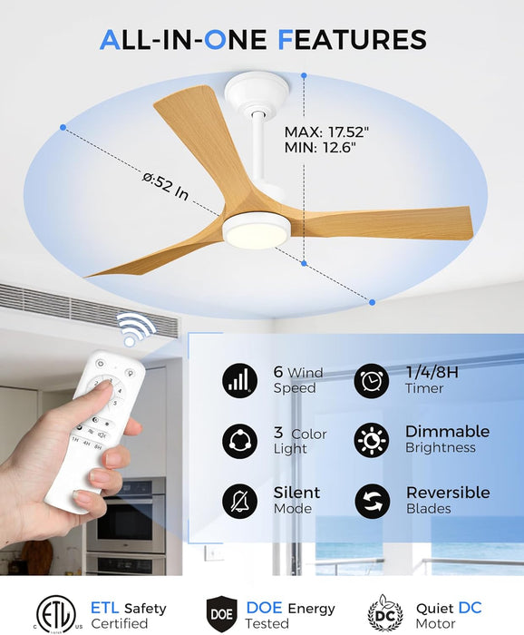 52'' Coastal Grade White Ceiling Fan with Light and Remote, Corrosion Resistant Indoor Outdoor Fan, Quiet Reversible Motor, 3CCT Dimmable LED, ABS Blade Fan for Living Room, Patio, ZCCF08WY-52