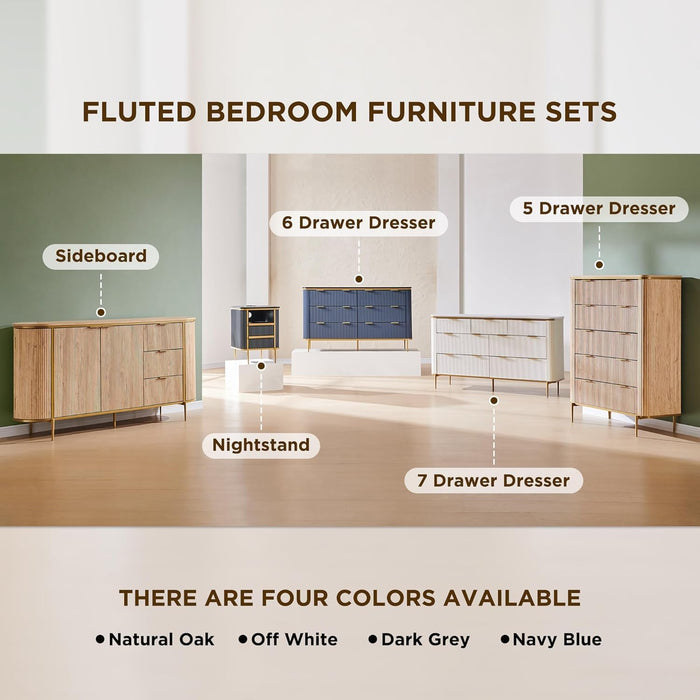 Fluted 5 Drawers Dresser for Bedroom, 48" Tall Modern Dresser Chest of Drawers, Gold Accents, Fluted Fronts, Wood Storage Dressers Organizer for Bedroom, Living Room, Dark Walnut