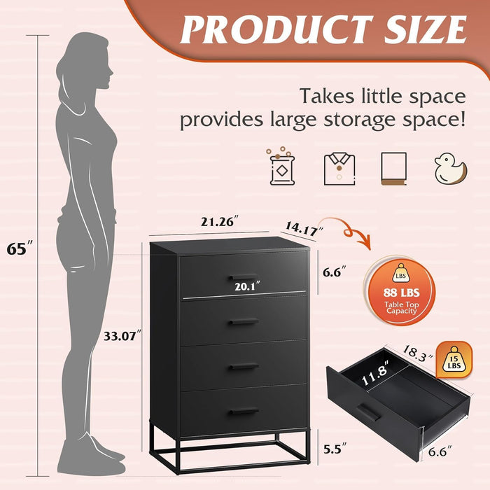 Black Dresser for Bedroom with 4 Drawers, Tall Dresser with Sturdy Metal Frame, Wood Chest of Drawers for Closet, Living Room, Hallway