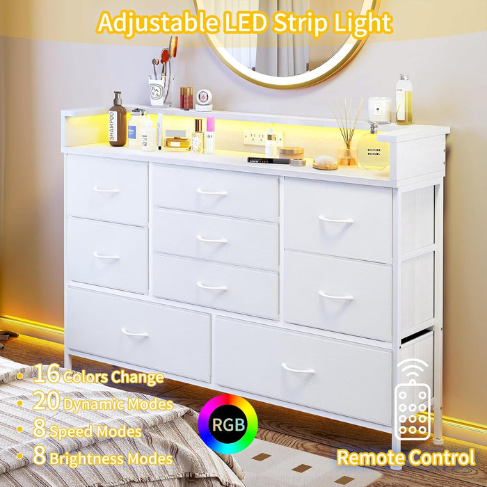 White LED Dresser with 9 Drawers and Charging Station