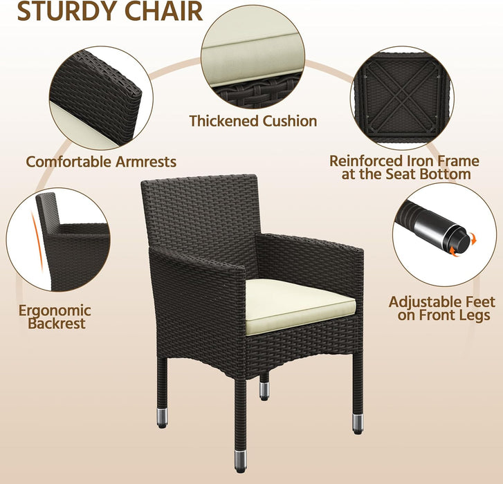 5-Piece Patio Furniture Set, Outdoor Rattan 4 Dining Chairs & Tempered Glass Table with Umbrella Hole, for Garden Backyard Deck Balcony, Brown/Beige