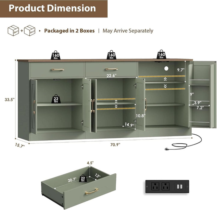 71" W Kitchen Buffet Cabinet with Storage, Large Coffee Bar Cabinet