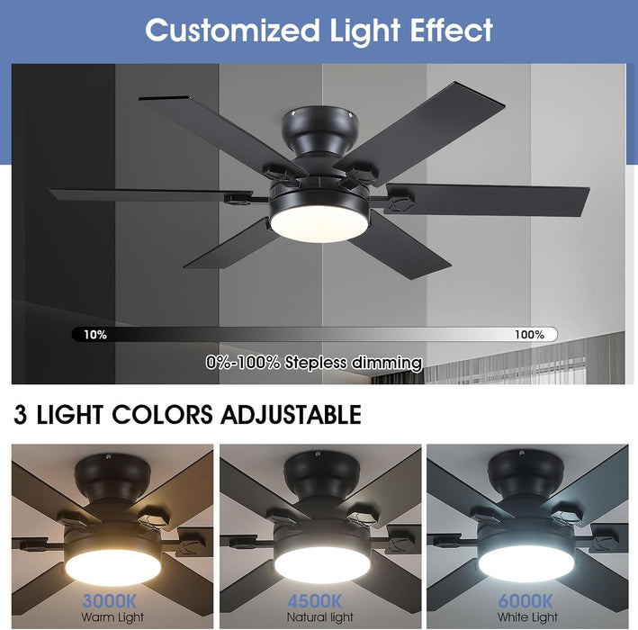 46" Low Profile Ceiling Fans with Lights and Remote,Black Indoor Ceiling Fans with Quiet Reversible DC Motor, Modern Flush Mount Fans Light for Bedroom Kitchen