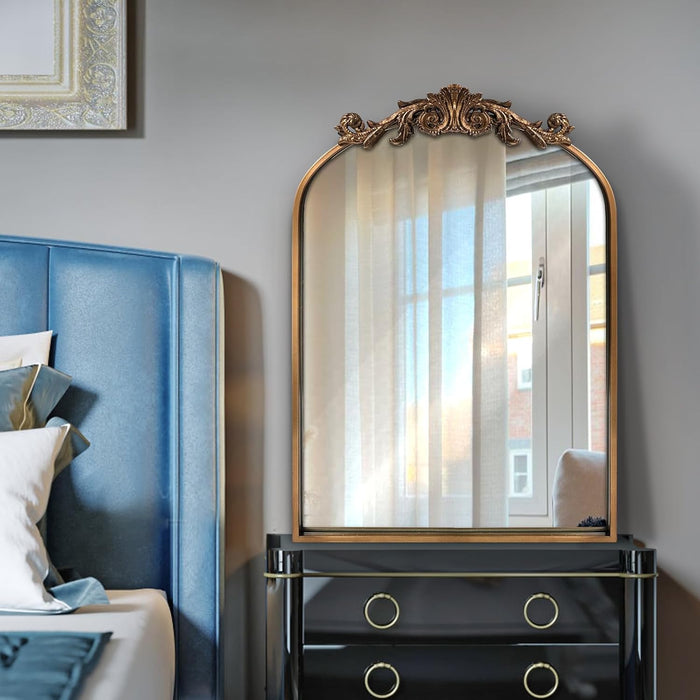 Antique Mirror,Gold Traditional Vintage Ornate Baroque Arched Brass Wall Mounted Mirrors for Entryway/Fireplace/Living Room/Hallway/Bathroom 19"X27"