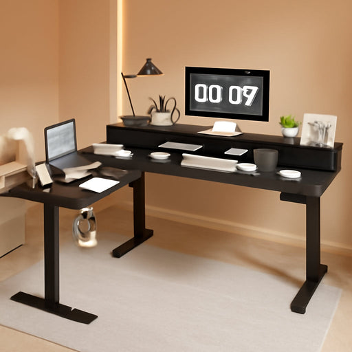 L Shaped Electric Standing Desk with 2 Drawers, 63 Inch Ergonomic Adjustable Height Desk with Storage, Corner Desk Sit Stand up Computer Table for Work Office Home, Black