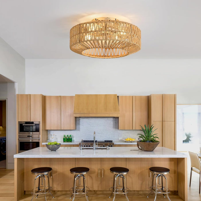 Boho Caged Rattan Fandelier Ceiling Fans with Lights and Remote Control