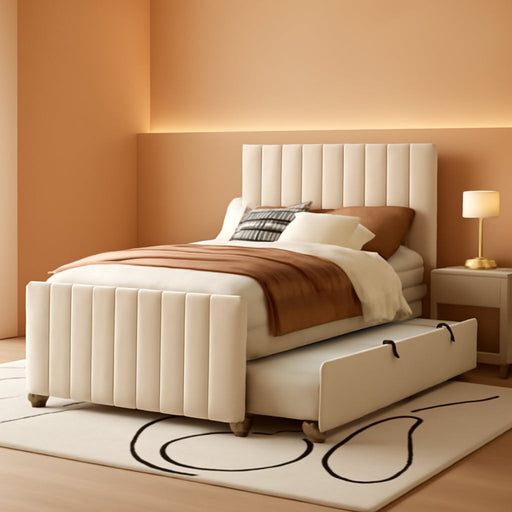 Twin Size Velvet Upholstered Platform Bed, Wood Bed Frame with Twin Size Trundle, Beige