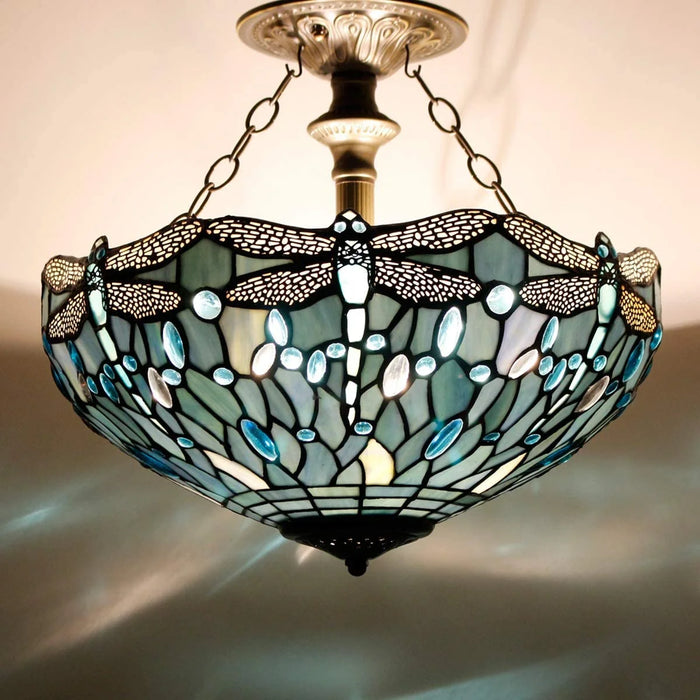 Tiffany Ceiling Light Fixture Semi Flush Mount 16" Sea Blue Stained Glass Dragonfly Shade Close to Dome Island Boho Hanging Lamp Decor Bedroom Kitchen Dining Living Room Entry Foyer Hallway