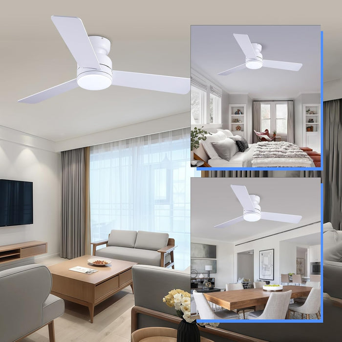 46 Inch Ceiling Fans with Lights and Remote/App Control, Low Profile Ceiling Fan with Light, Flush Mount, 3CCT, 3 Reversible Blades 6 Speeds Modern Ceiling Fan for Bedroom Living Room, White