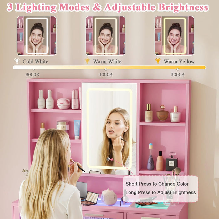 Vanity Desk with Mirror and Lights, Makeup Vanity with Transparent Top & RGB Drawers, Girls Vanity Table with Lighted Mirror for Bedroom Featuring 3 Modes & Outlet, Pink