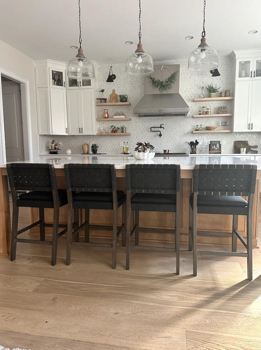 Cohen Mid-Century Modern Leather Bar Stool, Counter Height Chair in Solid Wood Frame with Footrest and Woven Leather Back for Kitchen, Black