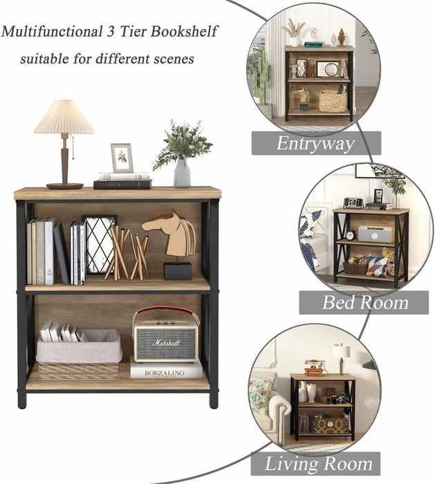 Small Bookcase, Wood and Metal Low Short Bookshelf, Industrial Book Case and Rustic Book Shelf for Small Space (Rustic Oak)