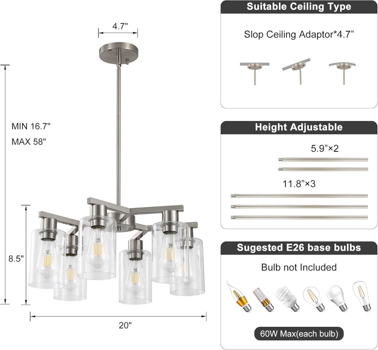 Brushed Nickel Six Light Farmhouse Chandelier Glass