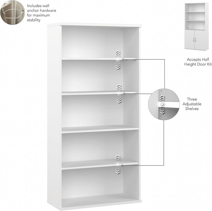 Studio C Tall 5 Shelf Bookcase in White, Large Bookshelf for Home or Professional Office