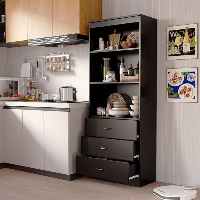 70" H Black Bookshelf with Drawers, Tall Bookcase with 3-Tier Open Shelves, Bookshelf and Bookcase with Storage Cabinet for Home Office,Living Room(Black,6-Tier)