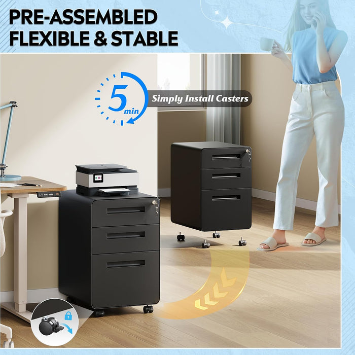 3 Drawer File Cabinet with Lock, Fully Assembled except Casters