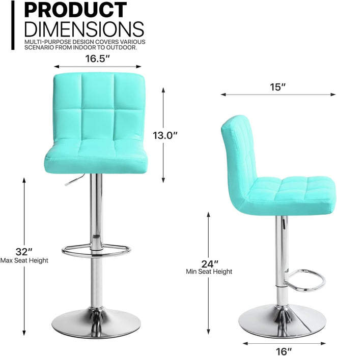 Adjustable Bar Stools Set of 2 PU Leather Swivel Counter Height Modern Square Island Barstool with Back for Kitchen Counter Chairs, Cyan