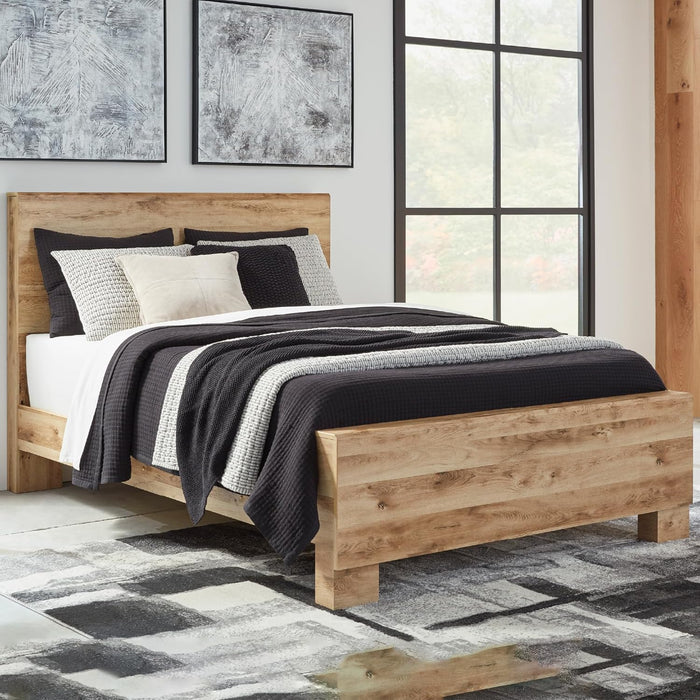 Hyanna Rustic Queen Panel Bed with Metal Slats, Foundation or Box Spring Needed, Light Brown