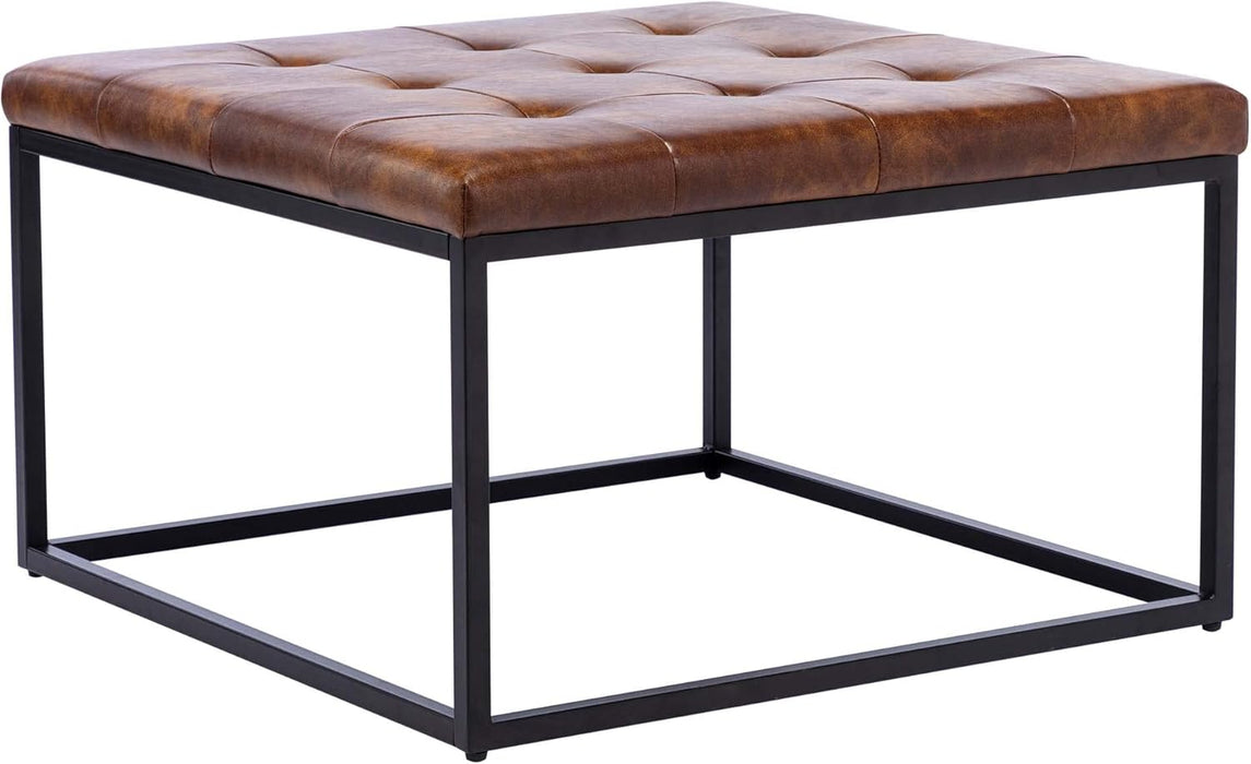 Square Ottoman Coffee Table, Faux Leather Ottoman Foot Rest Upholstered Button Tufted Ottoman for Living Room with Metal Frame, Yellowish Brown & Black Base