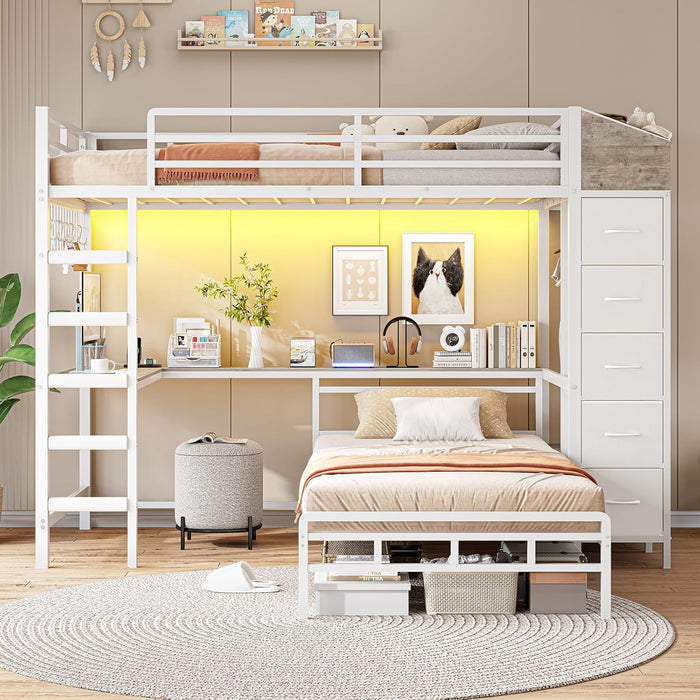 Bunk Bed Twin over Twin with Hall Tree, Charging Station and LED Lights, L-Shaped Bunk Bed with Desk, 5 Storage Drawers, Twin Bunk Beds with Guardrail & Stairs, No Box Spring Needed, White
