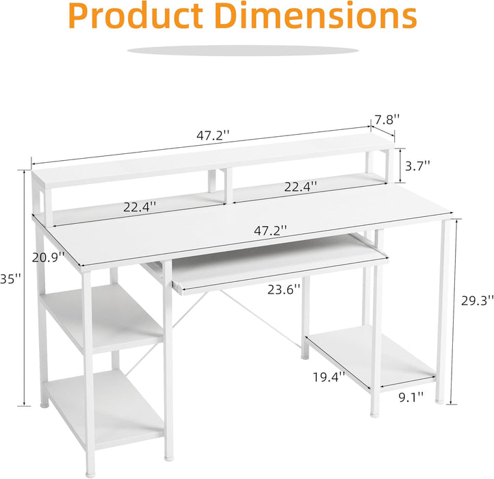 48 Inch Computer Desk, Home Office White with Keyboard Tray, Gaming with Full Monitor Stand, Storage Shelves & CPU Stand, Modern Study Writing Table Studio Work with Shelf
