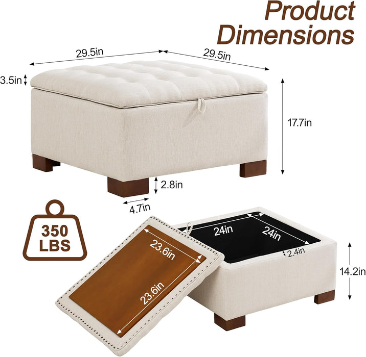 30" Fabric Square Storage Ottoman with Wooden Tray, Modern Tufted Button Footstool Coffee Table, Upholstered Large Ottoman for Living Room, Bedroom, Beige