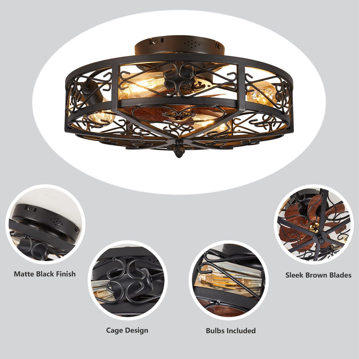 20" Caged Farmhouse Flush Mount Ceiling Fan with Light and Remote Control Bladeless Low Profile Ceiling Fans with Lights Enclosed Vintage Fan 6 Speed Reversible for Kitchen, Bedroom