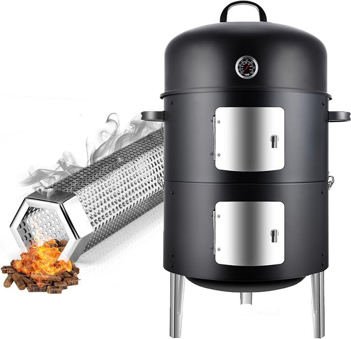 Charcoal Smoker BBQ Grill: Premium Vertical Meat Smokers with Smoke Tube - Barbecue Charcoal Grill Combo for Outdoor Cooking Patio Backyard Grilling Tailgating