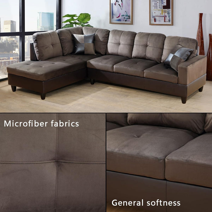 2 Pieces Sectional Sofa Sets, L-Shape Sofa Microfiber Couch Living Room Sofa Set with Chaise Using for Living Room Furniture(A-Brown, Left Hand Facing)