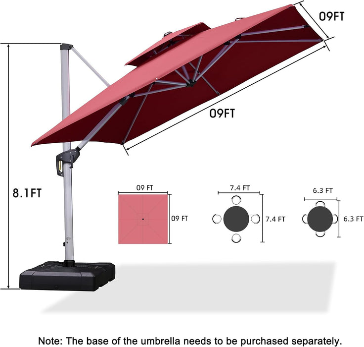 Cantilever Outdoor Umbrella 9' X 9' Square Double Top, Terra