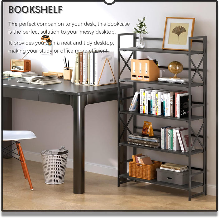 Extra Wide 5 Tiers No Assembly Book Shelves, 51.2" H Folding Bookshelf Bookcase Open Industrial Foldable Shelves for Bedroom, Living Room, Home Office - All Black