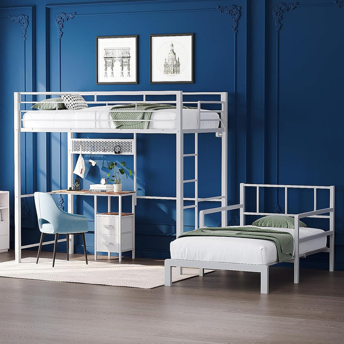 Twin over Twin Bunk Bed with Desk, 15'' Extra High Guardrail Loft Bed with LED Lights,2 Charging Station,And 2 Storage Drawers,2 Deckers Bed,Metal Space Saving Platform Bed with Vanity,White