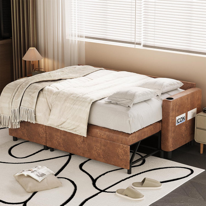 Brown Leather Sleeper Sofa Bed With Storage