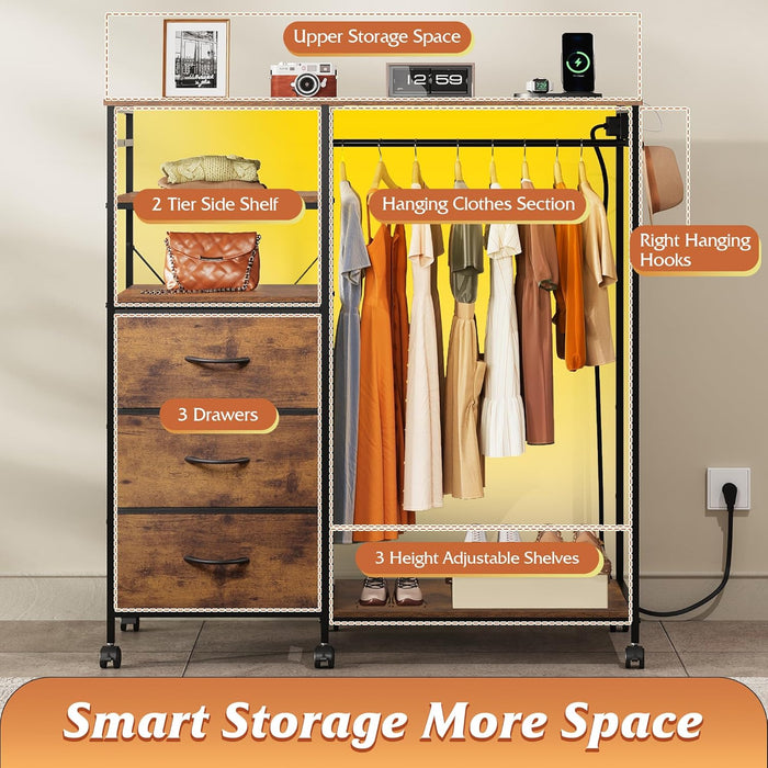 Brown Dresser With Hanging Rack And LED Lights Charging Station