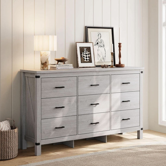 Dresser for Bedroom with 9 Drawers, 59” Wide Chest with Deep Drawer, Modern Farmhouse Dresser TV Stand with Metal Handles, Wood Storage Cabinet for Closet, Living Room, Hallway, Wash Grey