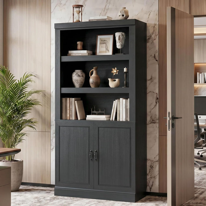 71” Tall Bookshelf and Bookcase with Doors and Adjustable Shelves | 5-Tier Storage Book Cases, Thick Wood and Sturdy, Industrial Display Cabinet for Living Room, Home Office, Bedroom, Black